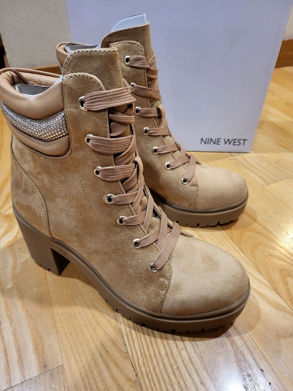 Nine West Women's Quona Lace-Up Combat Booties, Size 7 M, Rhinestone Detail